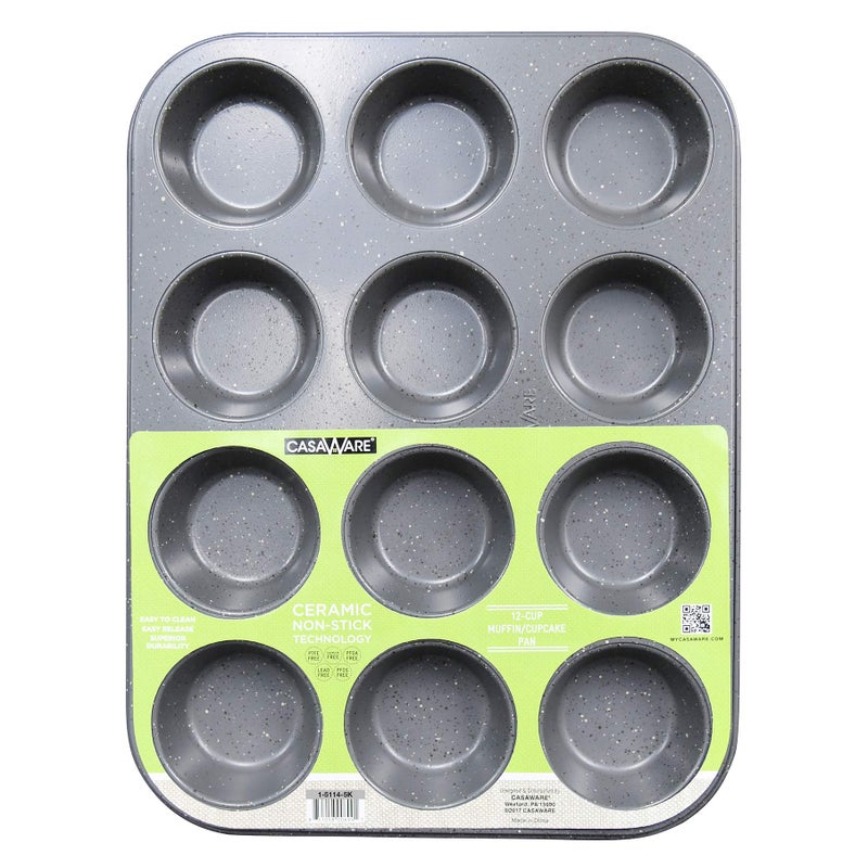 casaWare Ceramic Coated NonStick 12 Cup Muffin Pan (Silver Granite) - Image 1